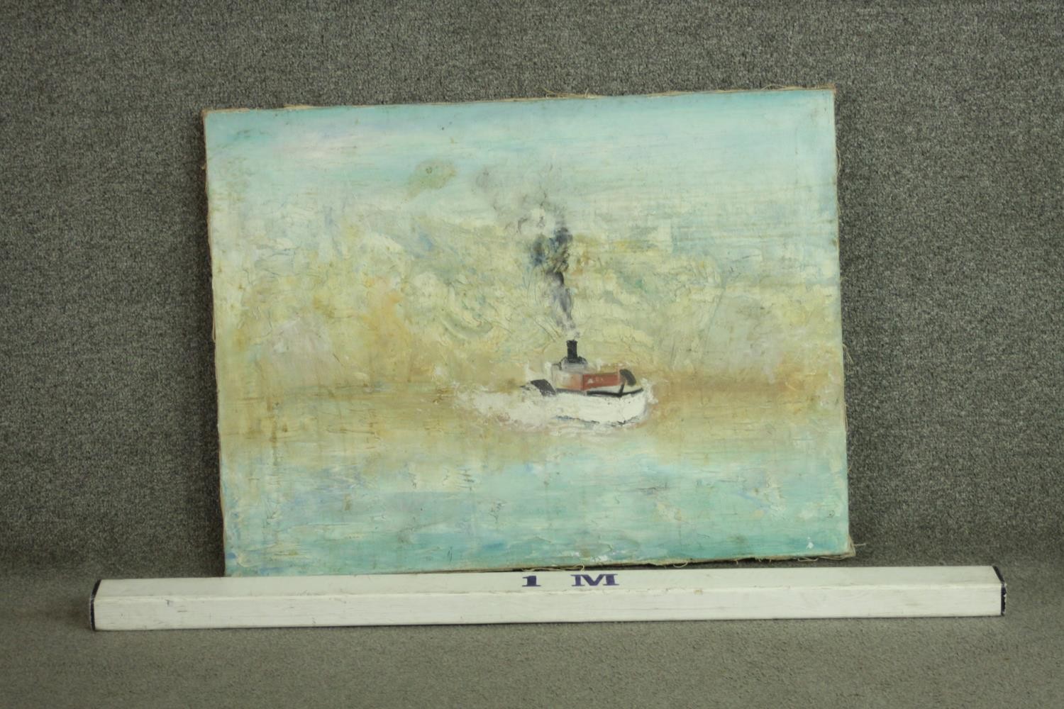 An unframed oil on canvas of a steam ship on the sea, unsigned. H.57 W.74cm. - Image 4 of 4