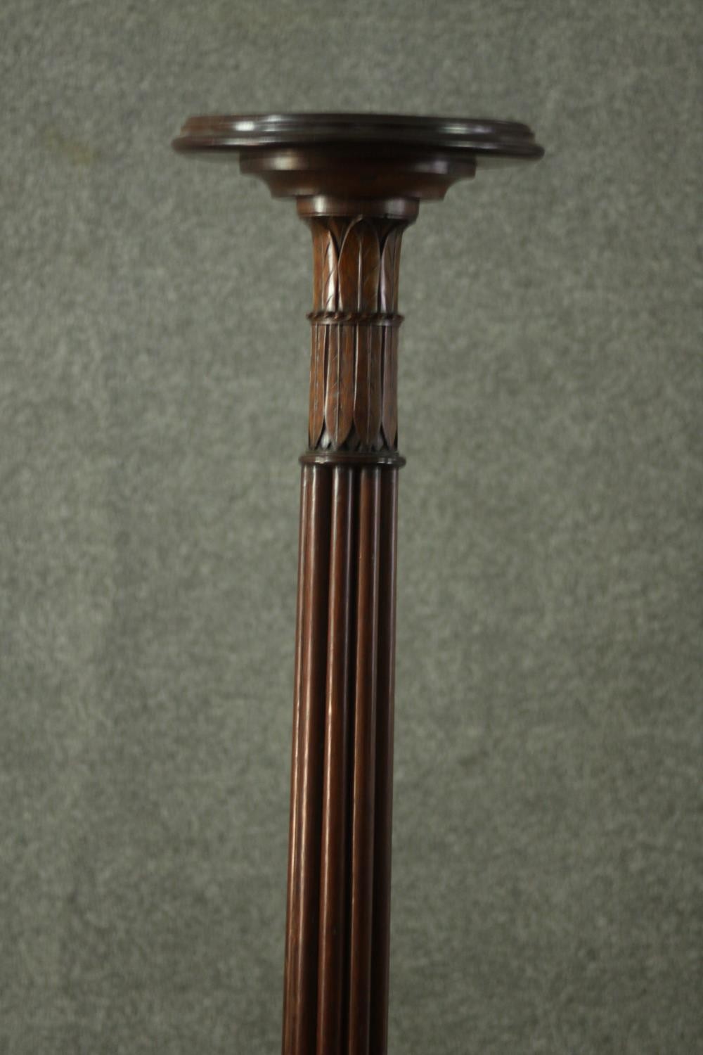 A Victorian mahogany torchere, with a circular top on a reeded stem, with a tripod base, terminating - Image 3 of 5