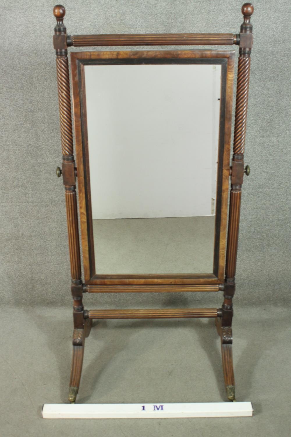 A George III mahogany cheval mirror, with a wrythen and reeded frame, set with a modern mirror - Image 2 of 13