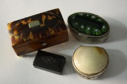 A 19th century tortoiseshell lidded box, a 19th century brass inlaid pill box along with two other