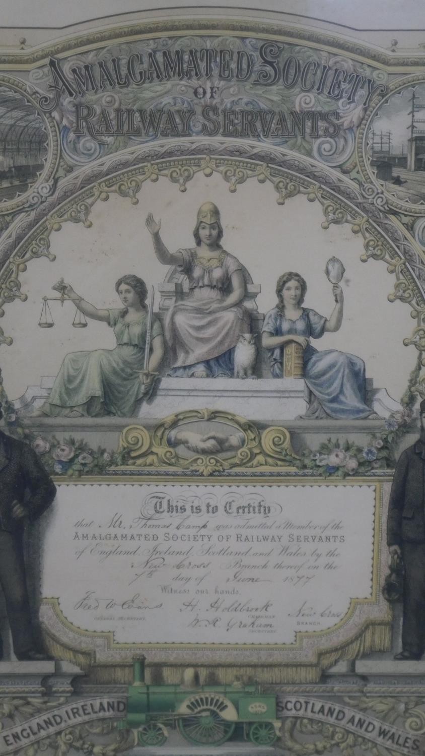 A Victorian Amalgamated Society Of Railway Servants certificate, dated 1877, awarded to Mr Thomas