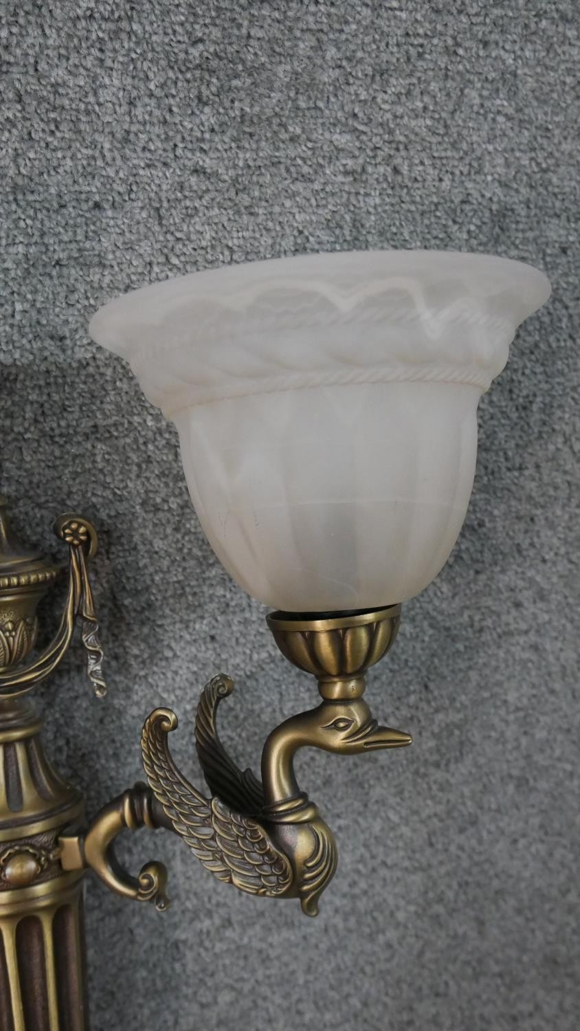 A two branch classical design brass swan head and ribbon design wall light with alabaster glass - Image 2 of 6
