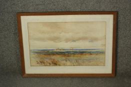 A framed and glazed watercolour, landscape with village and blue hills in the distance, signed W