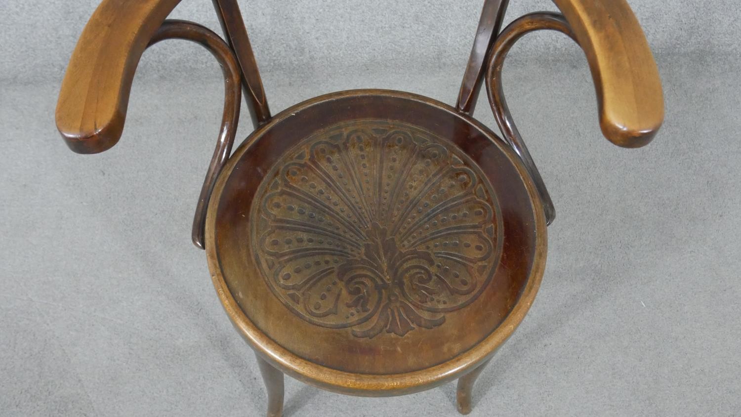 A late 19th/early 20th century Thonet style bentwood open armchair, with a circular pokerwork seat - Image 3 of 8