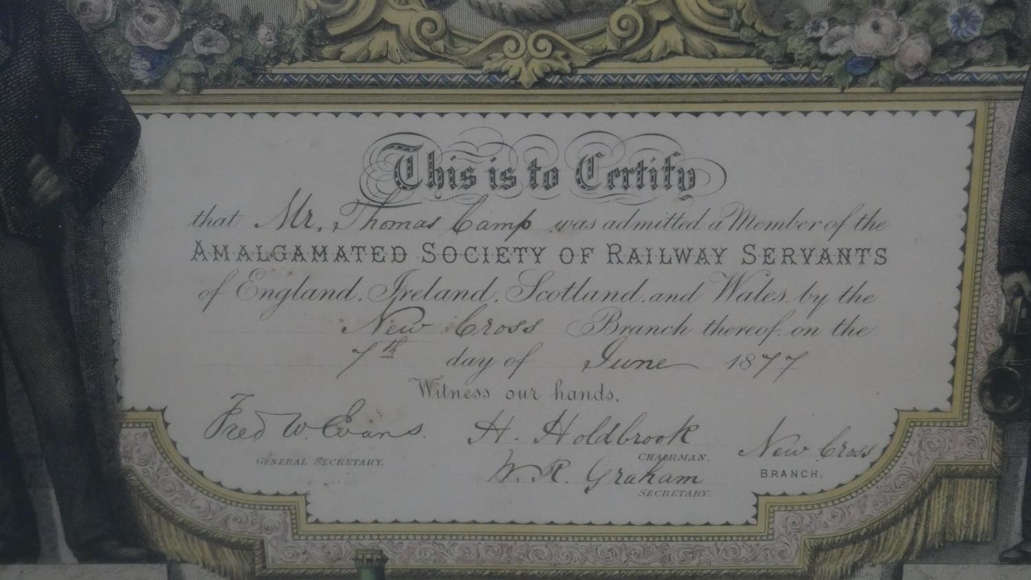 A Victorian Amalgamated Society Of Railway Servants certificate, dated 1877, awarded to Mr Thomas - Image 4 of 7