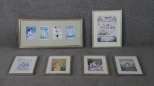 Six framed and glazed prints of Art Nouveau French advertising posters and post cards. H.32 W.69cm