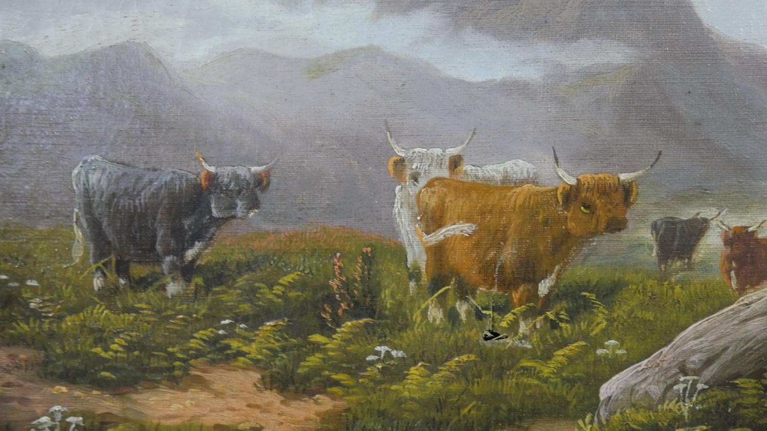 A 19th century gilt framed oil on canvas, highland cattle by a stream in a landscape, signed Weston. - Image 4 of 9