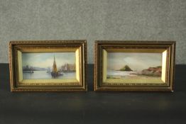 A pair of 19th century miniature framed and glazed oils on board, seascapes, monogrammed BC. H.14