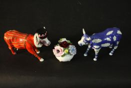 A pair of China Cow Parade figures - 'Sky Cow' and 'Beefeater' along with Royal Doulton porcelain