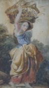 A framed and glazed 19th century watercolour of a farm girl with a basket of chickens on her head,