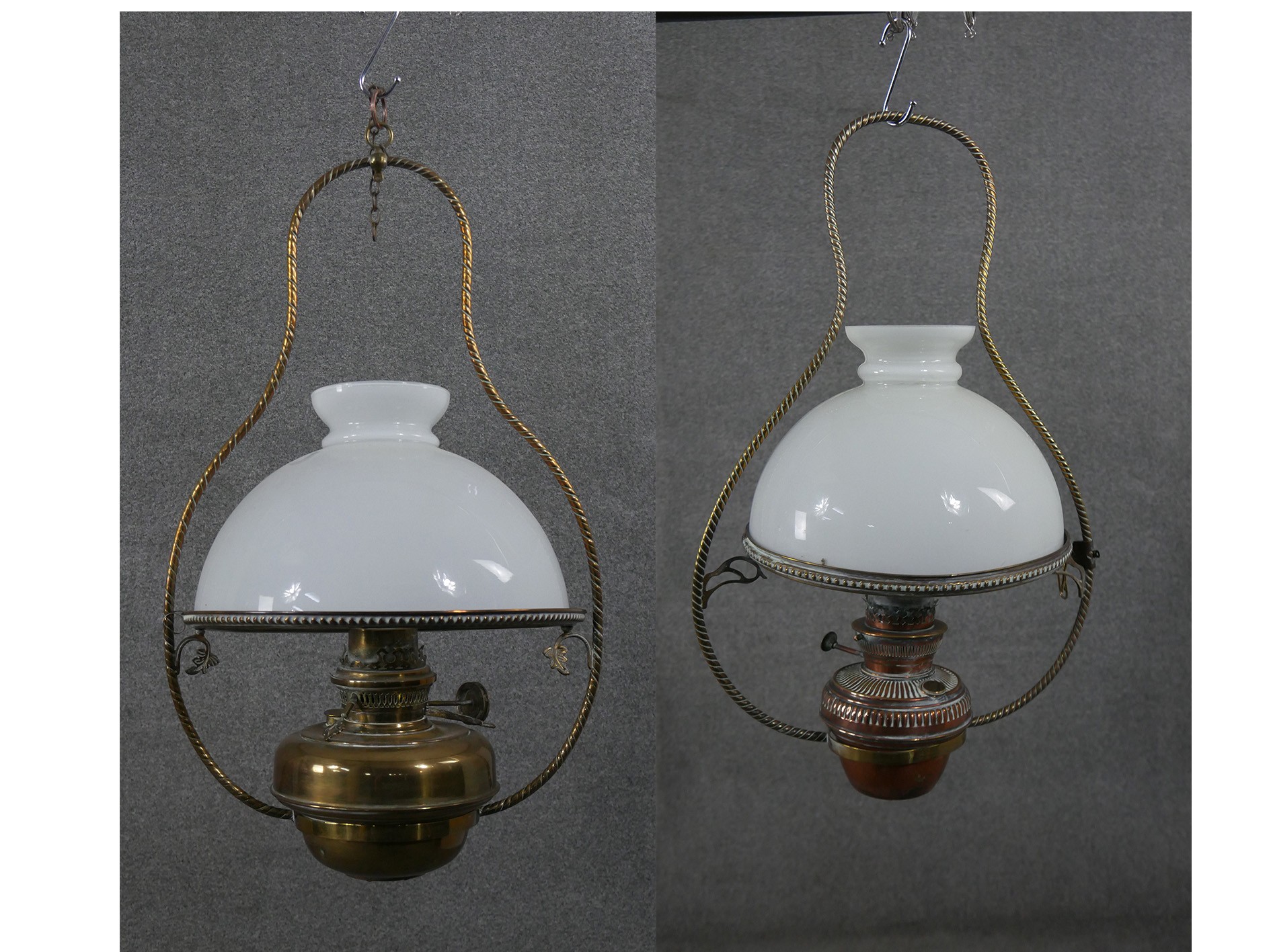 A 19th century hanging oil lamp with milk glass shade and a similar example with copper reservoir. - Image 2 of 17