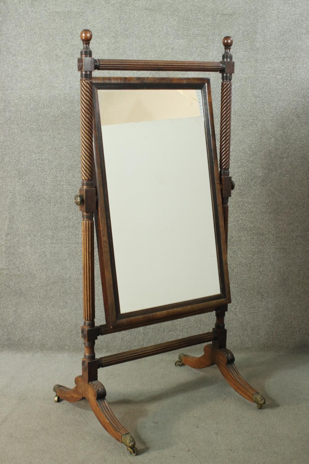 A George III mahogany cheval mirror, with a wrythen and reeded frame, set with a modern mirror - Image 13 of 13
