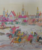 A framed silk painting of archers on horseback, signed Yani. H.91 W.79.5cm