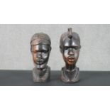 Two carved hardwood African busts. H.27 W.10 D.14cm (largest)