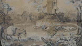 A 19th century framed tapestry, animals around a pond with windmill in the distance. H.76 W.96cm