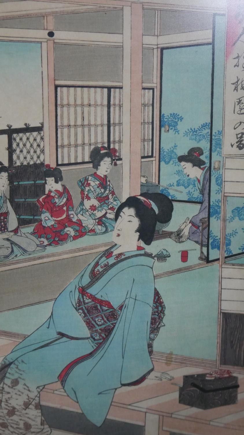 Toyohara Chikanobu, Japanese (1838 - 1912), woodblock print triptych, 'Ladies are admiring plum - Image 5 of 7