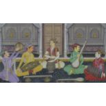 20th century, Indian school, gouache on paper of Mughal musicians with details of various