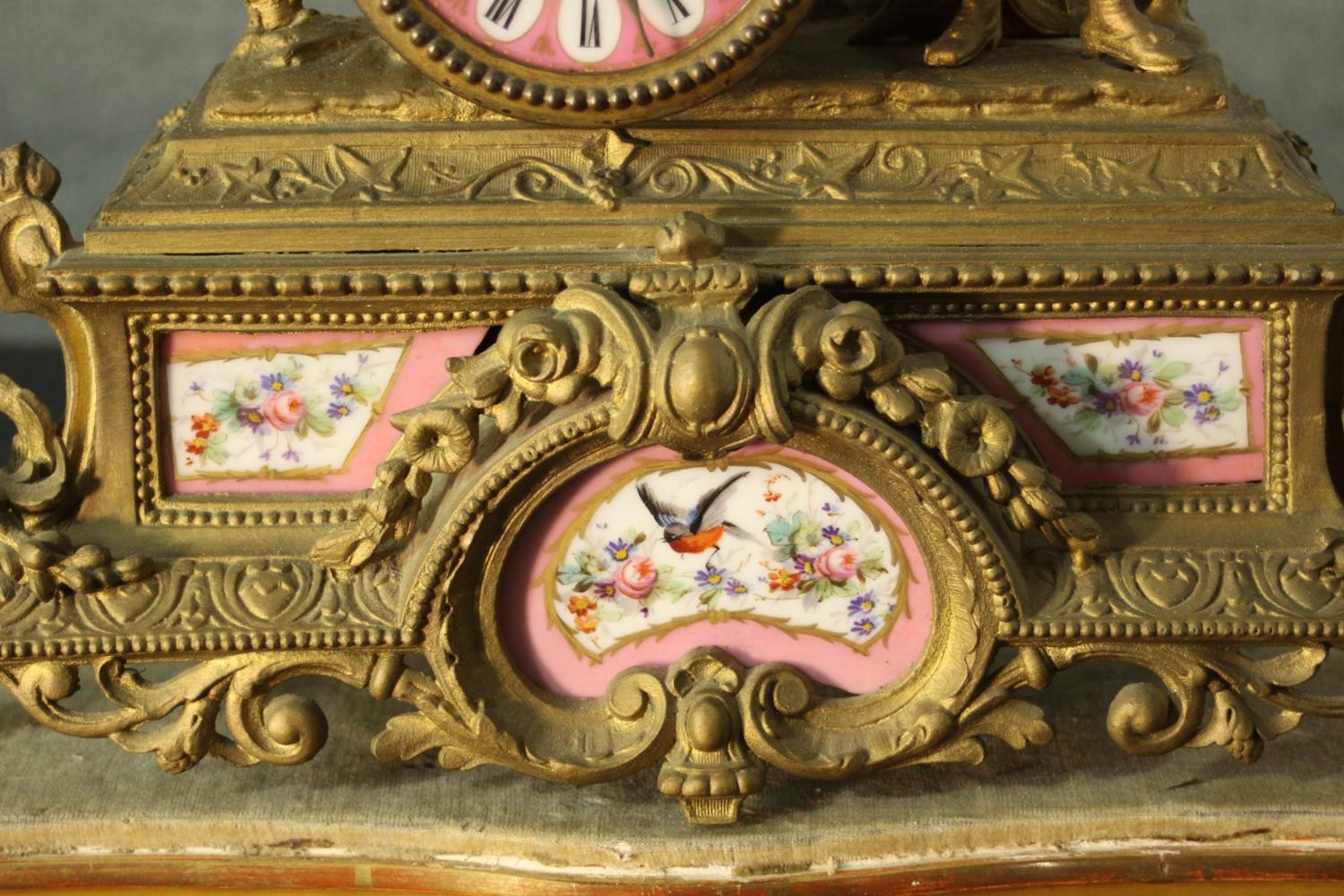 A French 19th century gilt spelter figural design mantle clock. The dial hand painted porcelain as - Image 3 of 9