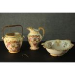 A Victorian three piece ceramic transfer design wash set, including wash bowl, jug and handled