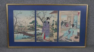 Toyohara Chikanobu, Japanese (1838 - 1912), woodblock print triptych, 'Ladies are admiring plum