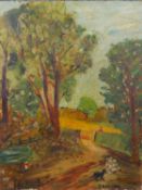After Ben Levene, oil on board, country lane with sheep and sheepdog, signed B.D. Levene. H.45.5 W.