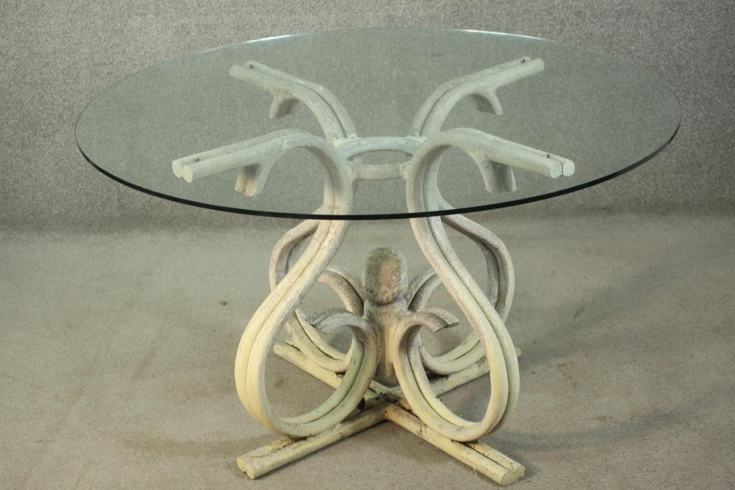 A Thonet style bentwood dining table, with a circular plate glass top, on a white painted bentwood - Image 2 of 5