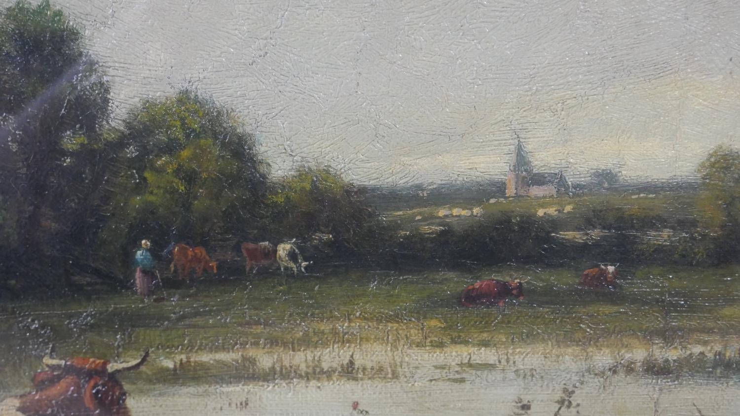 A gilt framed and glazed oil on canvas of cows by the river, signed A Van Damme and named to the - Image 5 of 8