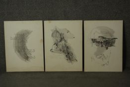 After Charles Schulz, ink drawing triptych on board: Those Daring Lads in their Fokkers and Spads,