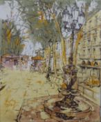 After Bernard Dufour- an unframed hand coloured print of Las Ramblas, indistinctly signed. H.45.5