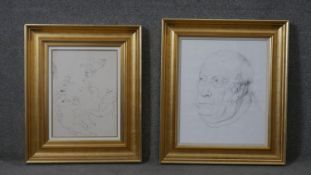 An ink sketch, divine portrait with dancing putti and a pencil portrait drawing, both framed and