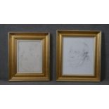 An ink sketch, divine portrait with dancing putti and a pencil portrait drawing, both framed and