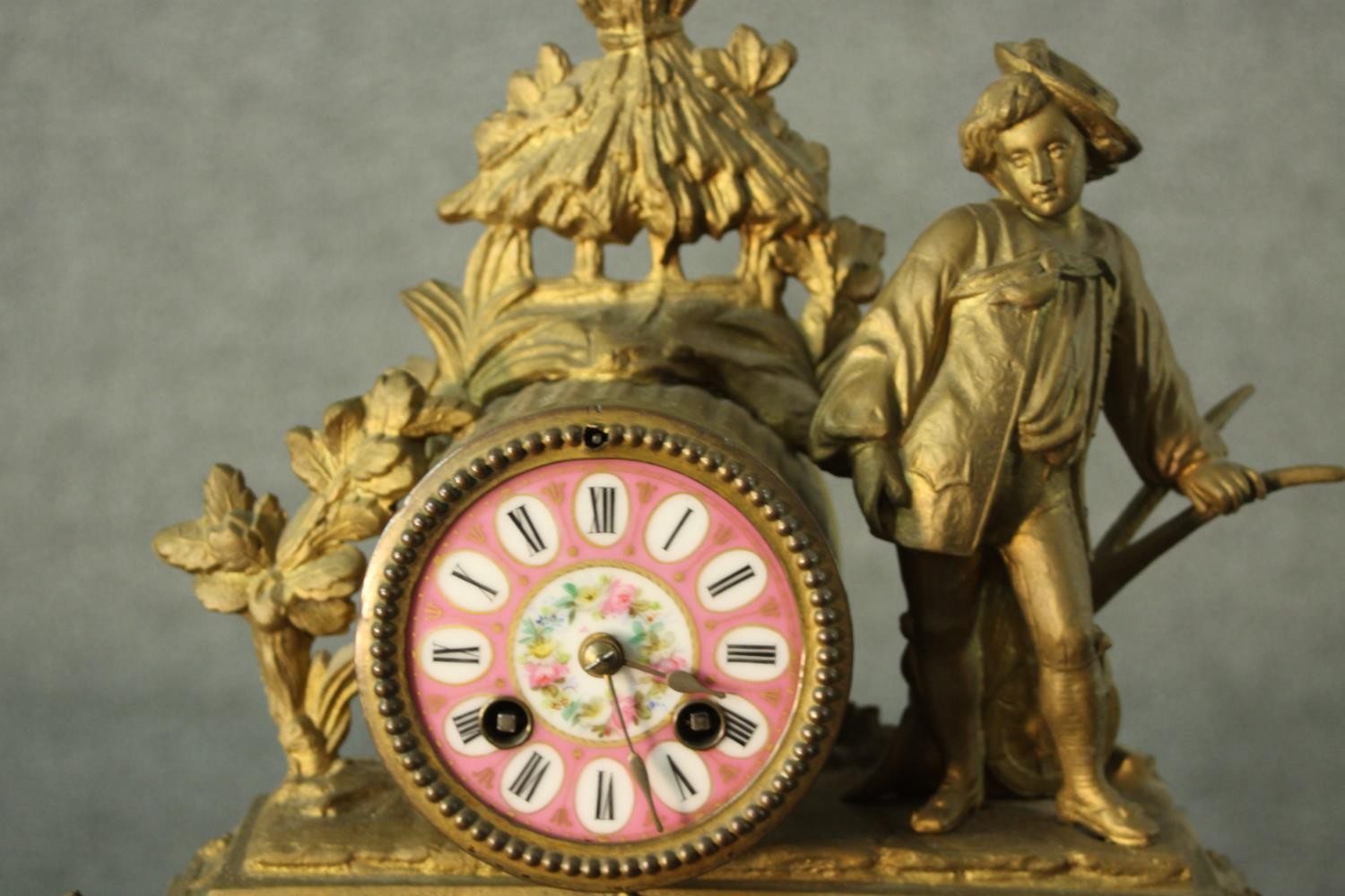 A French 19th century gilt spelter figural design mantle clock. The dial hand painted porcelain as - Image 2 of 9