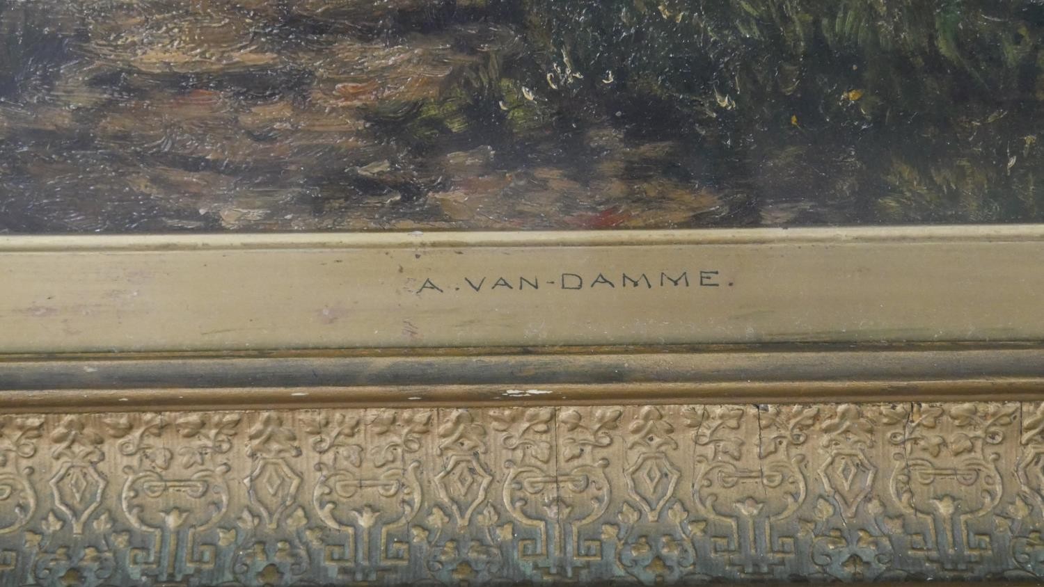 A gilt framed and glazed oil on canvas of cows by the river, signed A Van Damme and named to the - Image 7 of 8