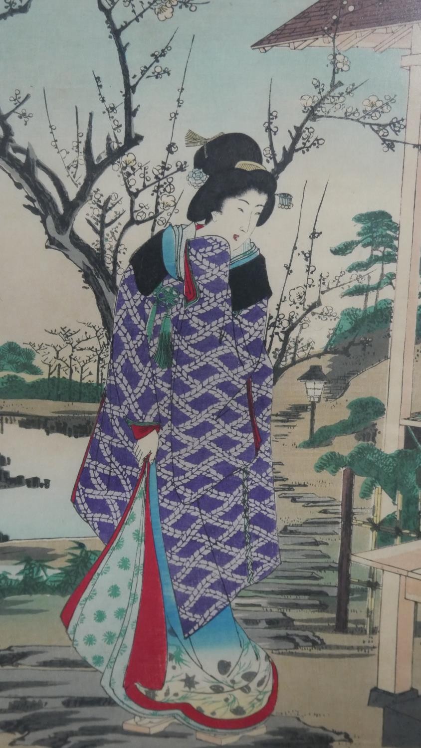 Toyohara Chikanobu, Japanese (1838 - 1912), woodblock print triptych, 'Ladies are admiring plum - Image 4 of 7