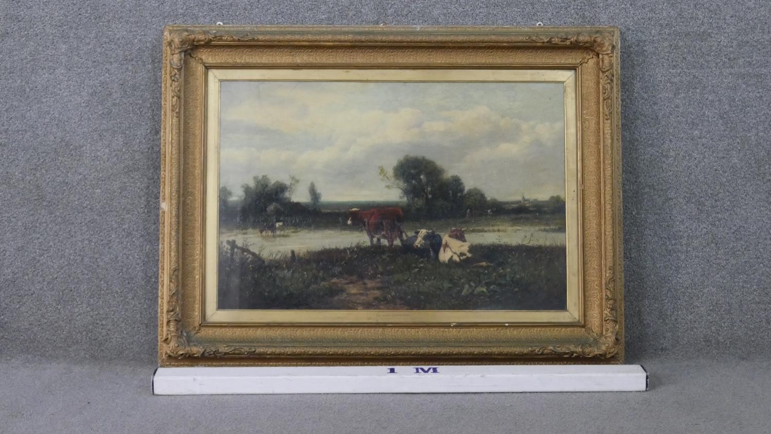 A gilt framed and glazed oil on canvas of cows by the river, signed A Van Damme and named to the - Image 3 of 8