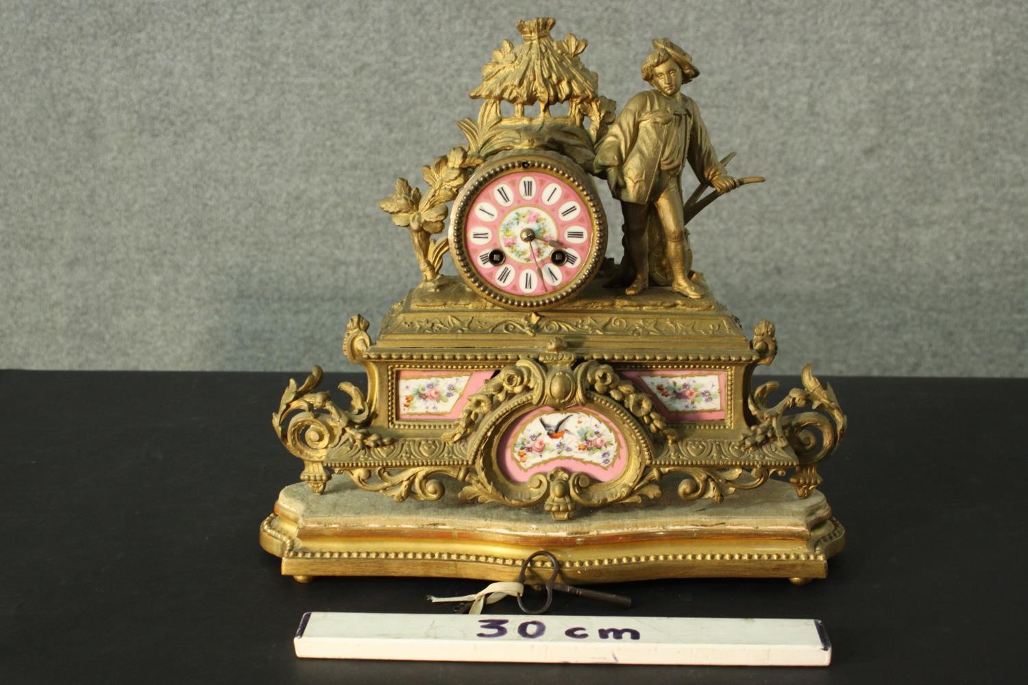 A French 19th century gilt spelter figural design mantle clock. The dial hand painted porcelain as - Image 9 of 9