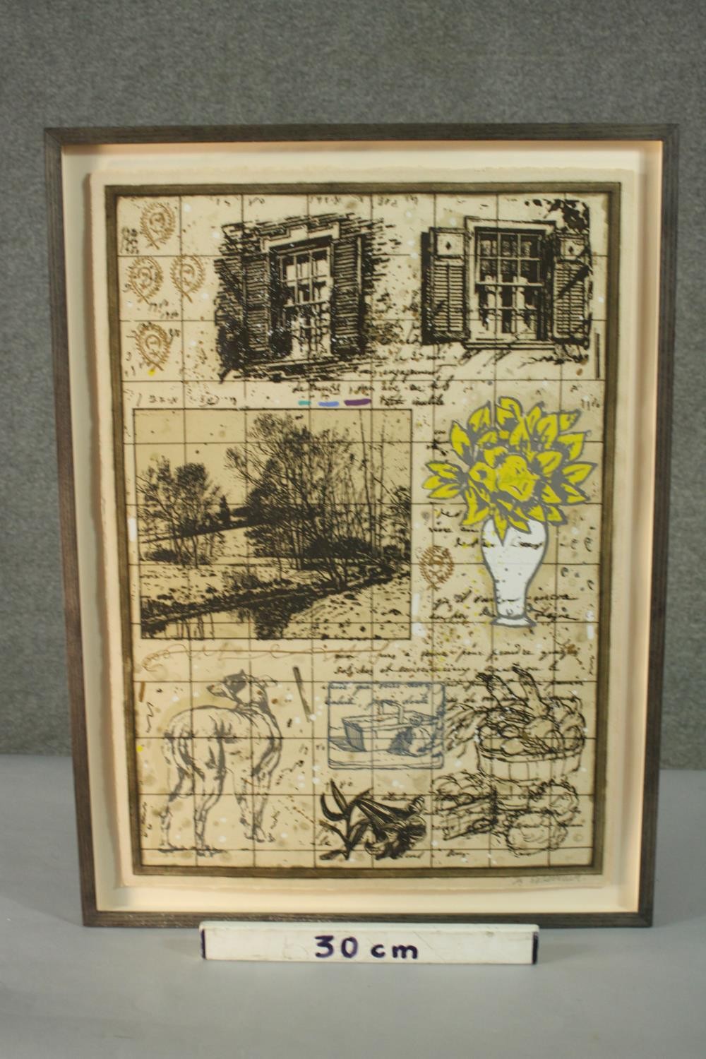 A framed and glazed coloured lithographic print depicting dogs, flowers and architectural details, - Image 3 of 6