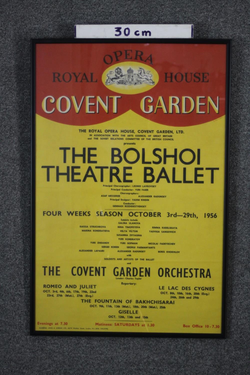 A framed and glazed vintage coloured poster for the 1956 Bolshoi Theatre ballet tour at the Royal - Image 3 of 4