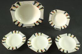 An Art Deco Devon Ware Fielding's five piece dessert set to include a fruit bowl. H.28 W.28cm.