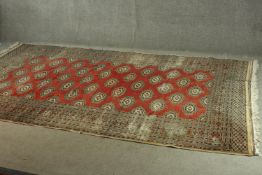 A Pakistan Bokhara rug with elephant's foot motif on a burgundy field within multiple borders. L.306