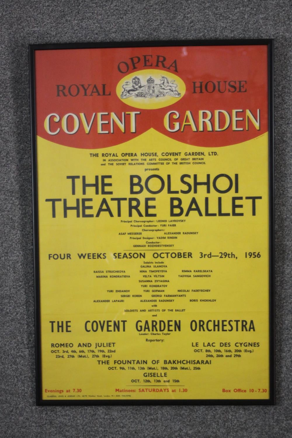 A framed and glazed vintage coloured poster for the 1956 Bolshoi Theatre ballet tour at the Royal - Image 2 of 4