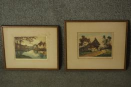 Two 19th century etchings, village scenes, framed and glazed, indistinctly signed. H.32 W.37 (