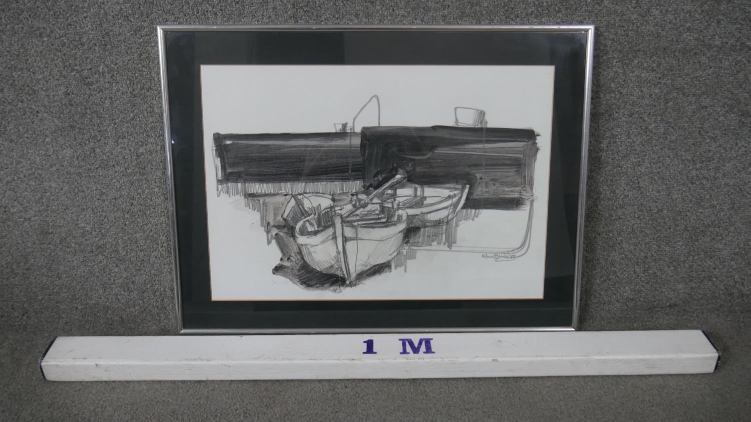 A framed and glazed pencil and watercolour study of rowing boats, signed Robert Jacob '75. H.49 W. - Image 3 of 5