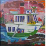 Janice Barnes (Canadian), 'Roughing It' oil on canvas depicting a boat, signed lower left. H.46 W.