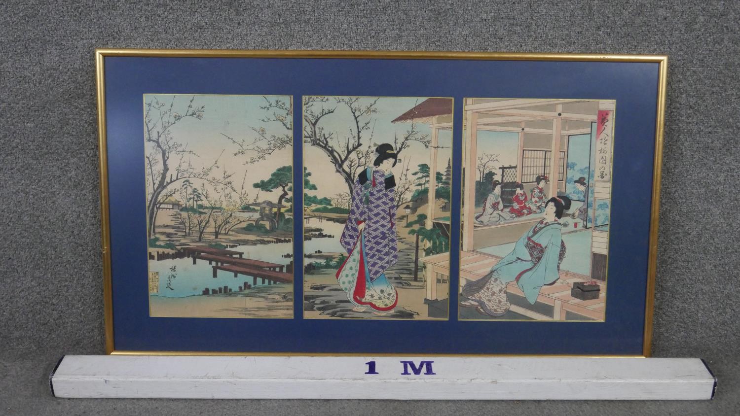 Toyohara Chikanobu, Japanese (1838 - 1912), woodblock print triptych, 'Ladies are admiring plum - Image 2 of 7