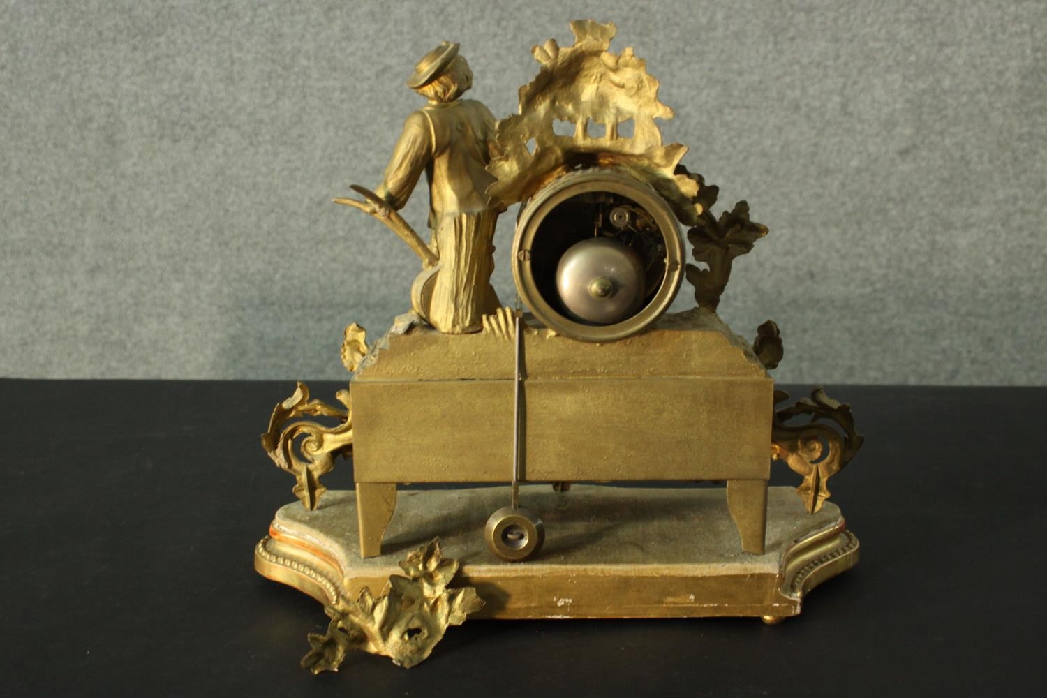 A French 19th century gilt spelter figural design mantle clock. The dial hand painted porcelain as - Image 4 of 9