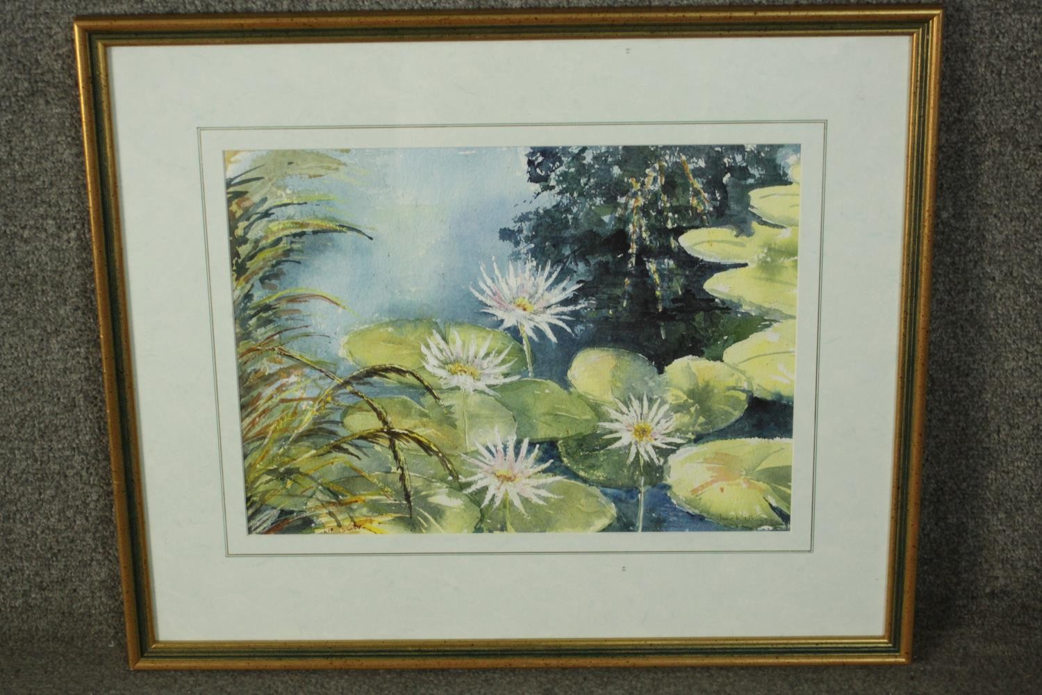 A framed and glazed watercolour, water lillies, signed June Wilkinson. H.50 W.59cm. - Image 2 of 7