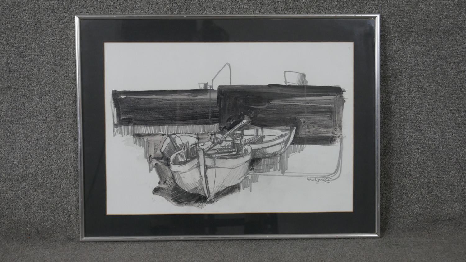 A framed and glazed pencil and watercolour study of rowing boats, signed Robert Jacob '75. H.49 W. - Image 2 of 5