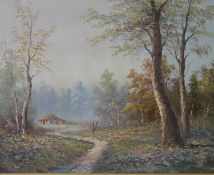 A vintage gilt framed oil on canvas, cottage in a woodland setting, signed R Miller. H.55 W.65cm