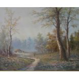 A vintage gilt framed oil on canvas, cottage in a woodland setting, signed R Miller. H.55 W.65cm